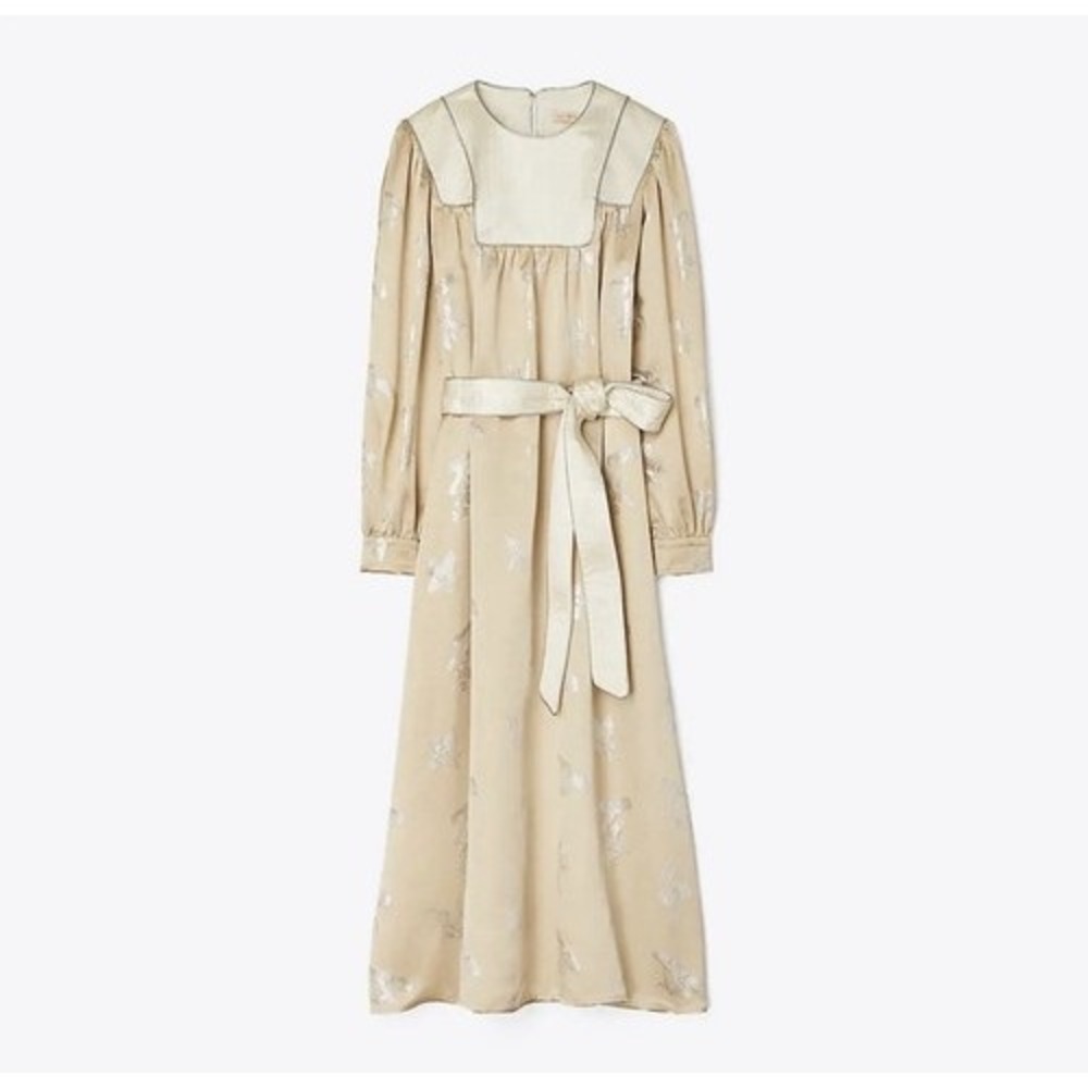 Tory Burch Mushroom Lurex Satin Gown Womens M Champagne Jacquard dress luxury - Picture 2 of 13
